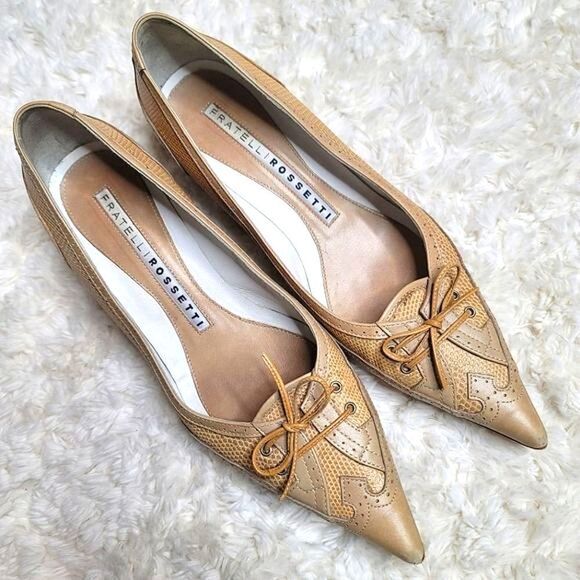 Fratelli Rossetti Pointed Toe Beige Leather Snake Embossed Pumps - Picture 1 of 7
